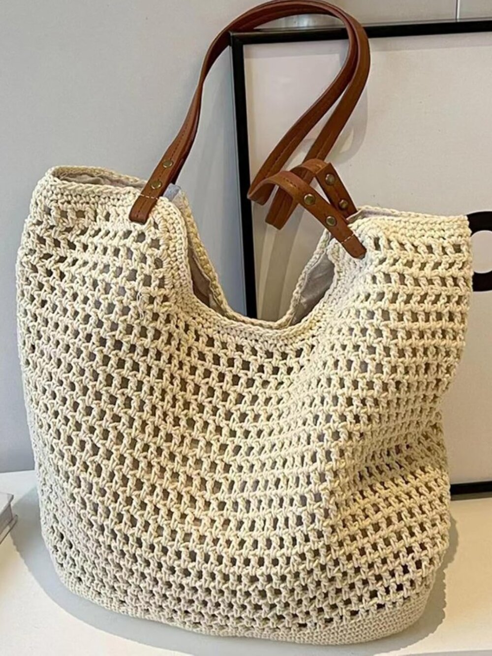 Cotton Fibre Crochet Beach Tote Bag for Vacation,Bohemian Cotton Hobo Shoulder B - Picture 3 of 8